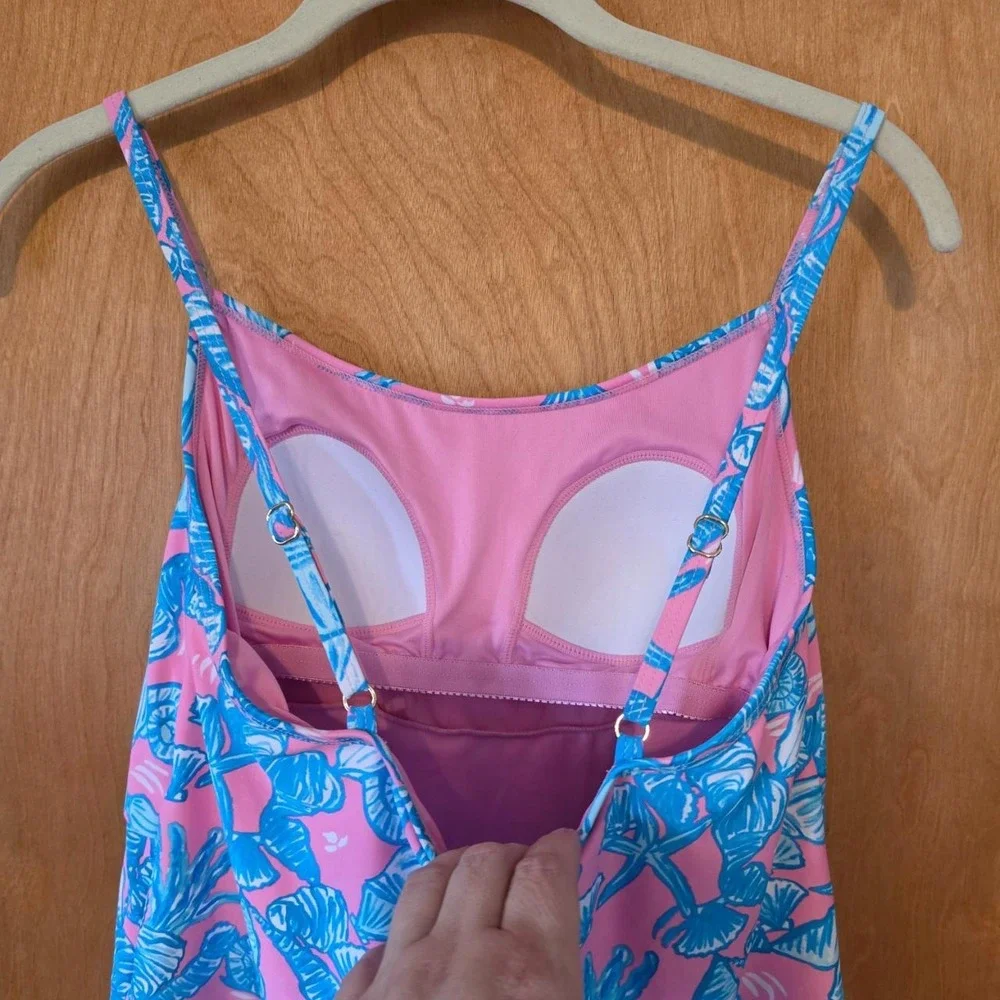 Stella Parker Pink Seashells Tiered Ruffle Tankini Set Pink Blue Small